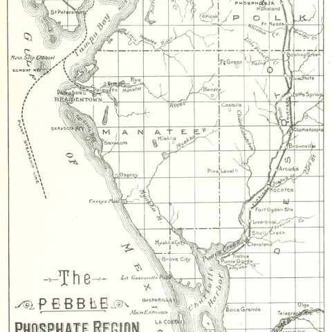 An 1892 map of phosphate deposits on the western edge of Florida.