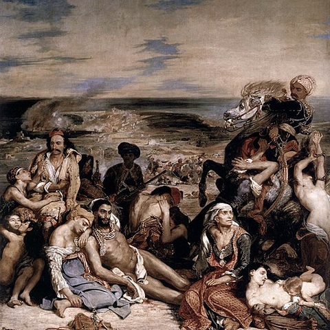 A painting depicting the slaughter of thousands of Greeks on the island of Chios by Ottoman troops.