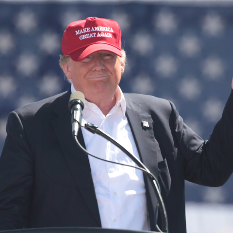 Donald Trump wearing one of his iconic 'Make America Great Again' hats.