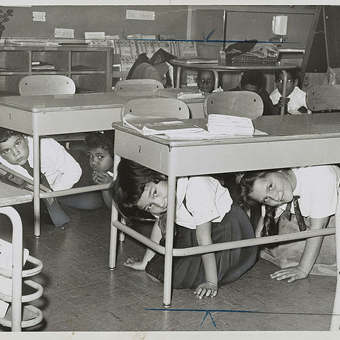 New York schoolchildren during a 'take cover' drill.