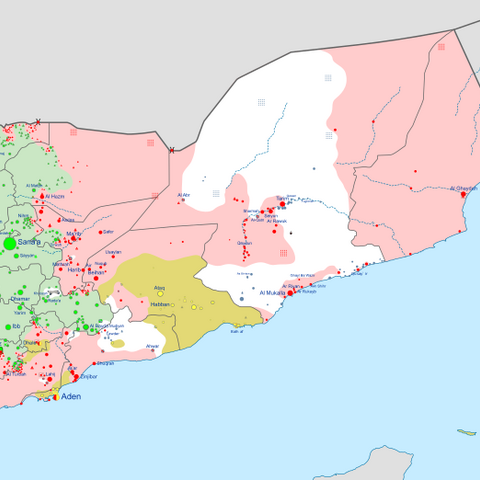 A territorial map of Yemen from 2018 with Houthi areas in green.