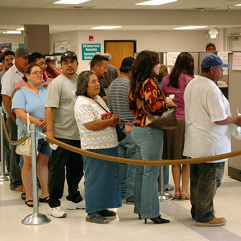 Hundreds of people who lost jobs when freezing weather hit California in January 2007 line up to register for the Disaster Unemployment Assistance program funded by the Federal Emergency Management Agency.