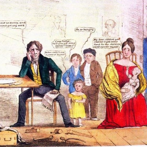 A Whig party poster blamed the economic recession of 1837, and the unemployment troubles and family suffering that ensued, on president Martin Van Buren.