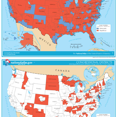 At top: Congressional districts by their representative's political party: At bottom: political party affiliation change since the 111th Congress, which ran from January 2009 to January 2011.