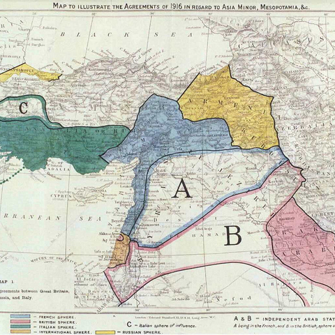 A 1916 map of the Sykes-Picot Agreement between the United Kingdom and France.