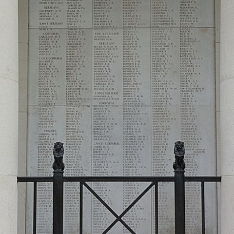 One of the many panels inside the Menin Gate Memorial that lists the names of missing British and Commonwealth soldiers.
