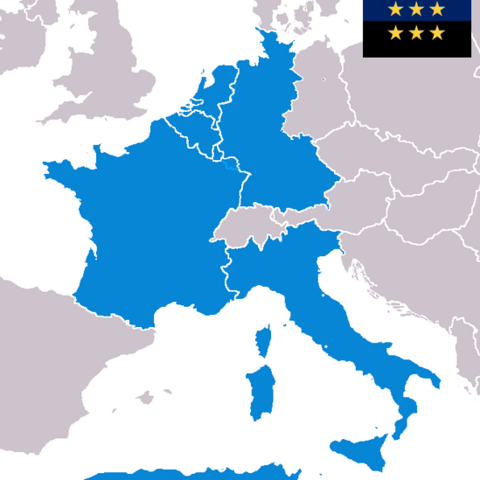 Map of members of the European Coal and Steel Community and its flag.