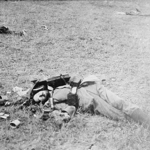 Dead German soldiers on a battlefield in Peronne, France.