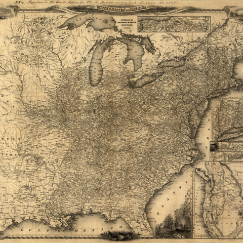 An 1846 map of the United States with roads, rails, and canals.
