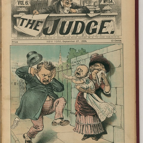 An 1884 cartoon referencing President Grover Cleveland's affair with Maria Halpin.