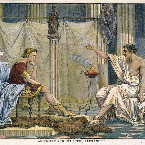 An 1866 French engraving of the philosopher Aristotle tutoring Alexander the Great..