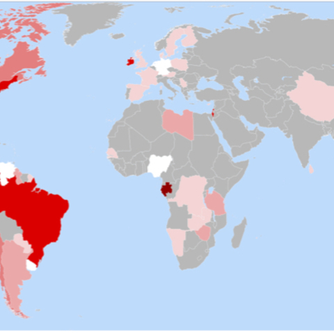 A 2009 map depicting global fluoridated water usage.