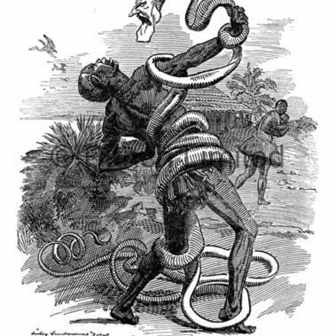 A 1906 political cartoon depicting King Leopold II of Belgium as a snake.