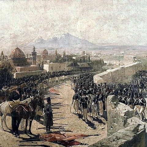 Russian troops capturing Erivan fortress in 1827.