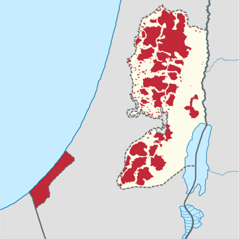 Map showing areas of Palestinian Authority control or joint control.