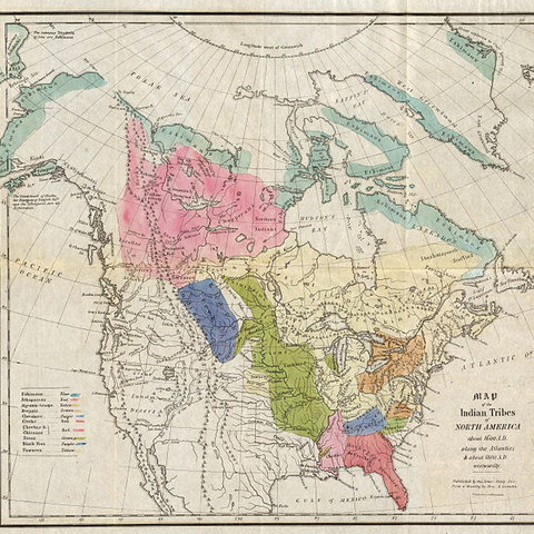 An 1836 map depicting the estimated areas of First Nation tribes.