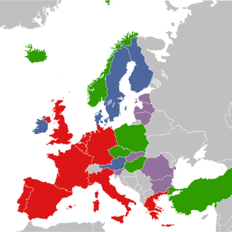 Western European Union (Members, red; Associate members, green; Observers, blue; Associate partners, purple).