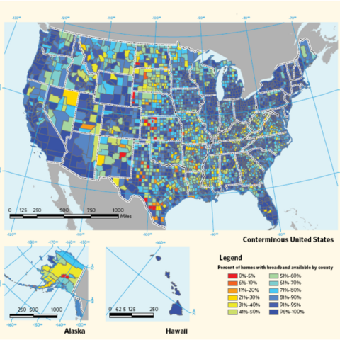 A 2010 map depicting the availability of Broadband Networks in the United States by county.