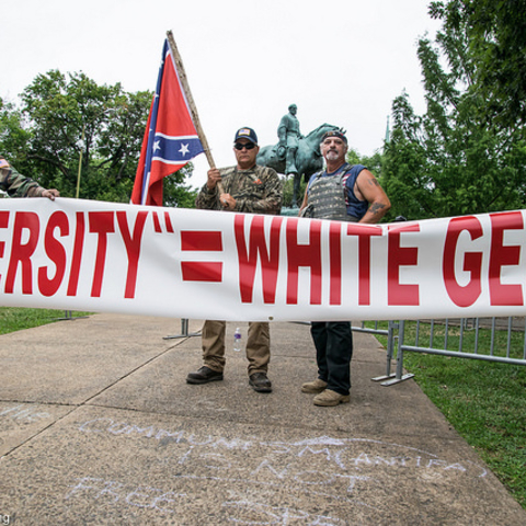 Protesters at the Unite the Right rally in Charlottesville claiming that 'diversity' leads to white genocide.