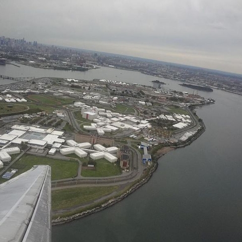 An aerial view of the Rikers Island prison complex in New York City.