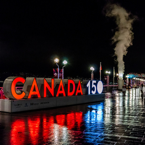 A sign in Vancouver commemorating Canada’s 150th anniversary.