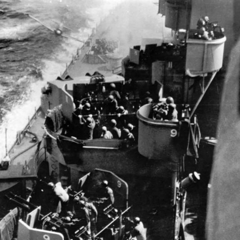 A Japanese Tokkotai operative flies a suicide mission into the side of the U.S.S. Missouri.