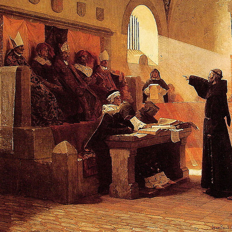An 1887 painting depicting the 14th-century trial of Bernard Délicieux.