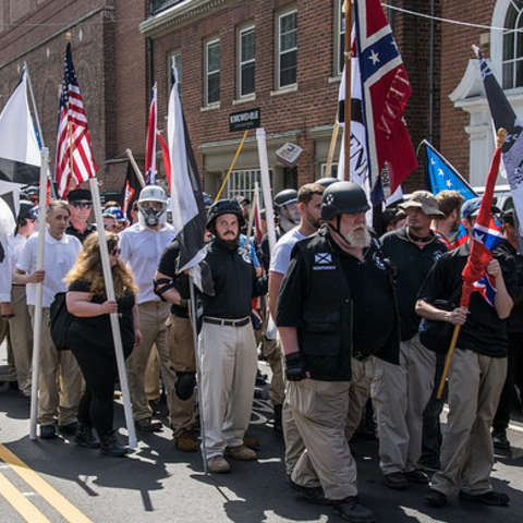 Protesters from various alt-right groups marching in Charlottesville.