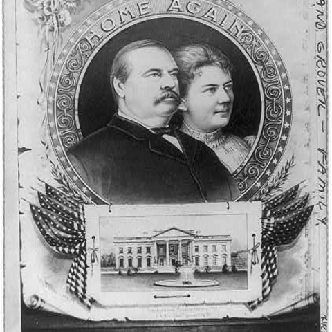 An 1893 portrait of President Grover Cleveland and his wife above the White House.