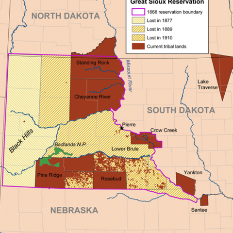 A map of the Great Sioux Reservation and the land lost by the Sioux since 1868.