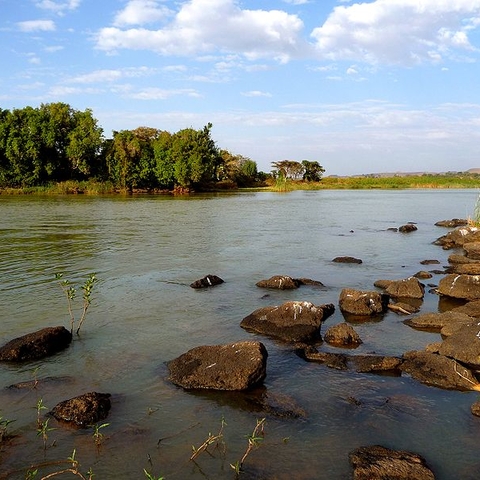 Beginning of the Blue Nile River by its outlet from Lake Tana.