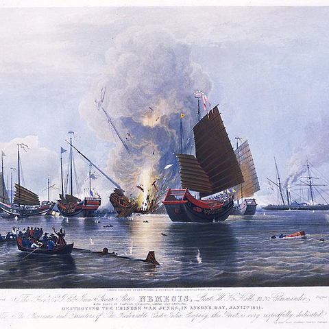 Destroying Chinese war junks, painting by E. Duncan.