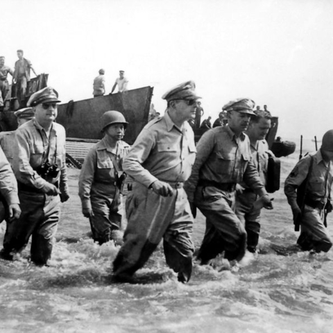 General Douglas MacArthur lands in Leyte, Philippines.