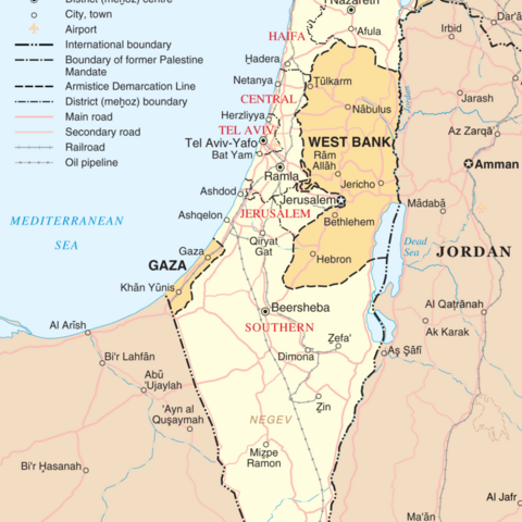Map of Israel with the West Bank, Gaza Strip, and Golan Heights.
