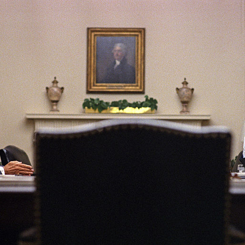 President Lyndon B. Johnson meets with Richard Nixon.