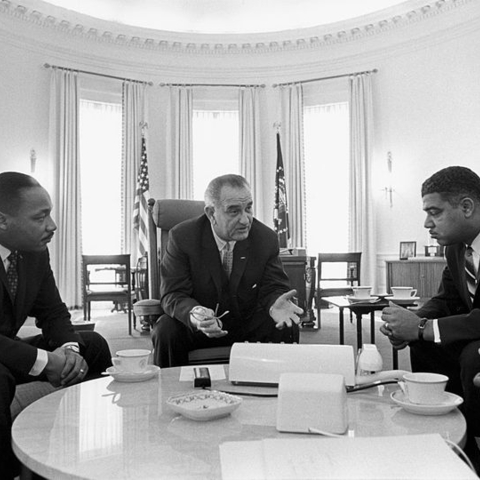 President Lyndon B. Johnson meets with Civil Rights Leaders Martin Luther King Jr., Whitney Young, and James Farmer.