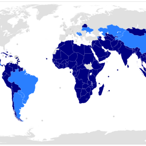 Map of the Non-Aligned Movement. Its members (dark blue) refuse to align with or against any major power bloc. Observer nations are shown in light blue.