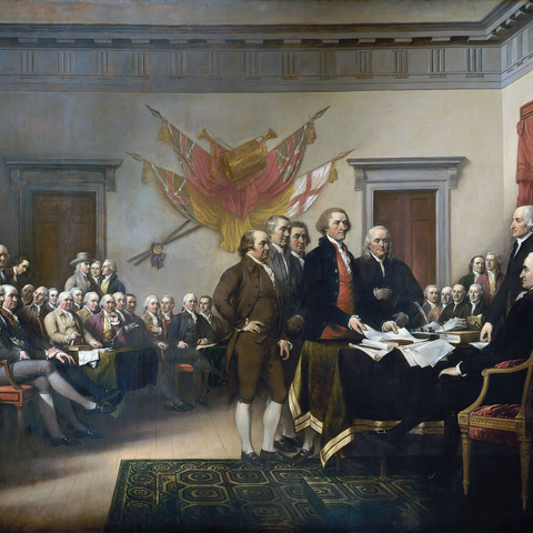 A depiction of the drafting committee presenting its work to the Continental Congress.