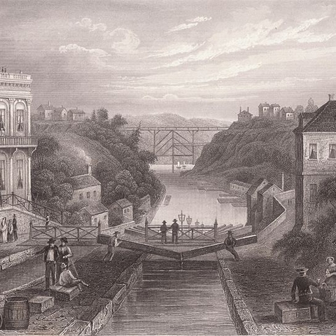 An 1855 lithograph of the Erie Canal at Lockport, NY.