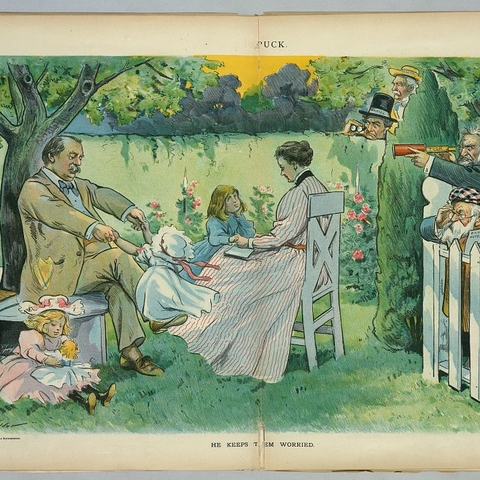 A print showing former President Grover Cleveland and his wife playing with their children.