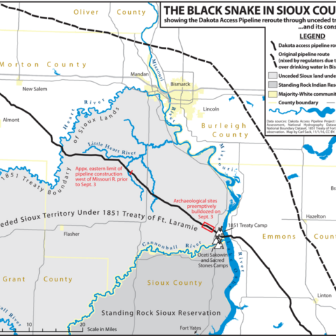 A map of the Dakota Access Pipeline route and the original pipeline route.
