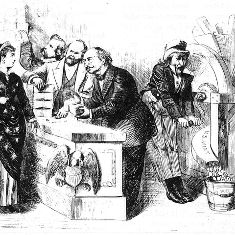 A political cartoon from Harper’s Weekly titled 'Rags for Our Working Men-Specie for the Foreigners.'