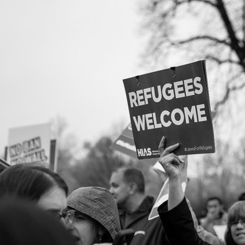 Protesters outside the Supreme Court during oral arguments on Trump’s travel ban.