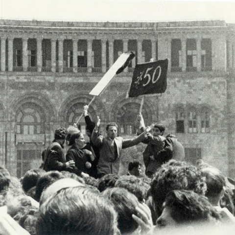 Demonstrators in Yerevan calling on the Soviet Union to officially recognize the Armenian Genocide.
