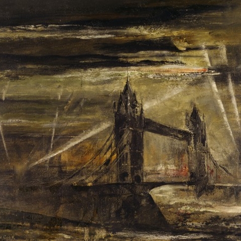 Frederick T.W. Cook's depiction of a flying bomb over the Tower Bridge.