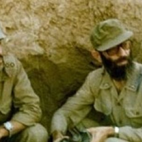 Ali Khamenei (right) in a trench during the Iran-Iraq war, 1980s.