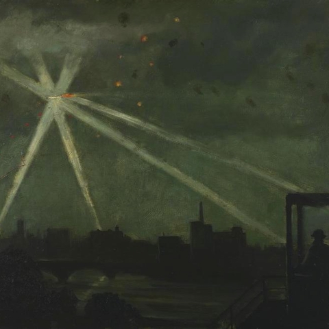 Wilfred Stanley Haines painted this image of a bomb raid.