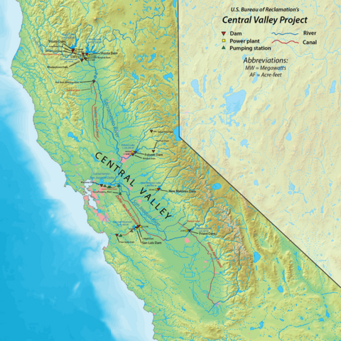 A map of California's current Central Valley Project features.
