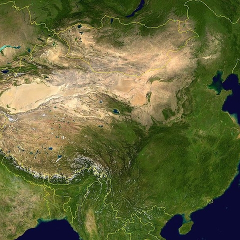A composite satellite image showing the topography of China.