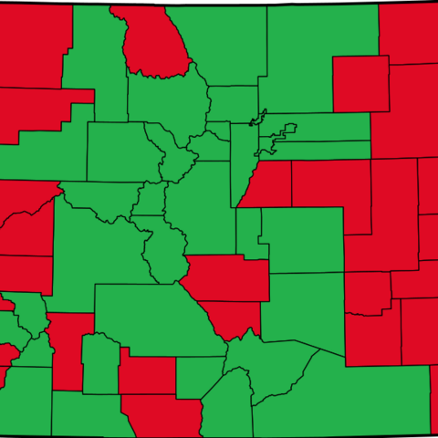 This map shows those counties in favor of legalization in green and those against in red.
